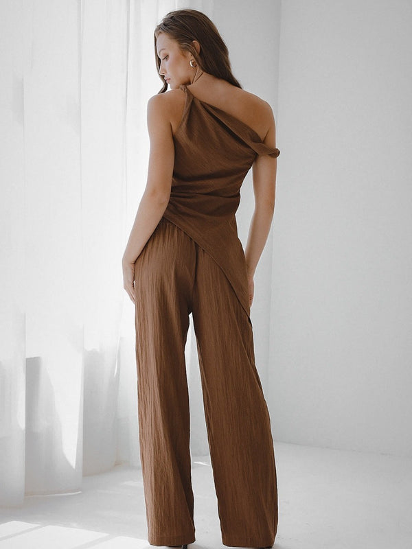 Asymmetrical neck one shoulder brown Set
