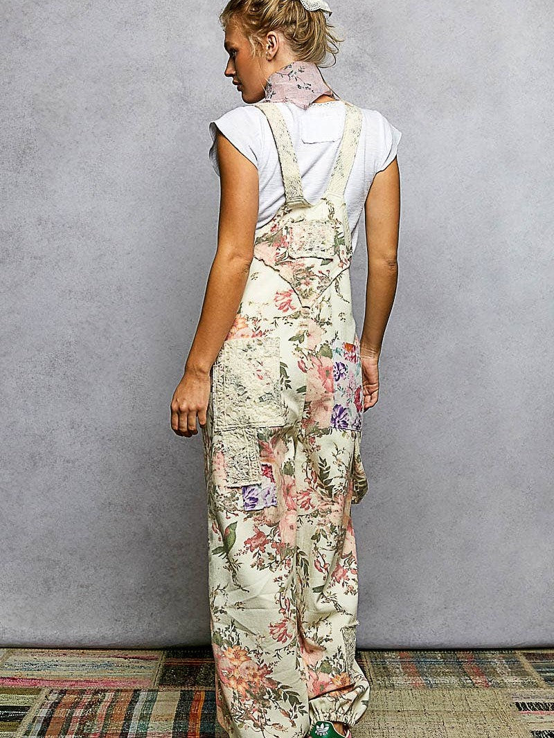 Printed Lace Patch Trim Strap Relaxed Fit Jogger Overall