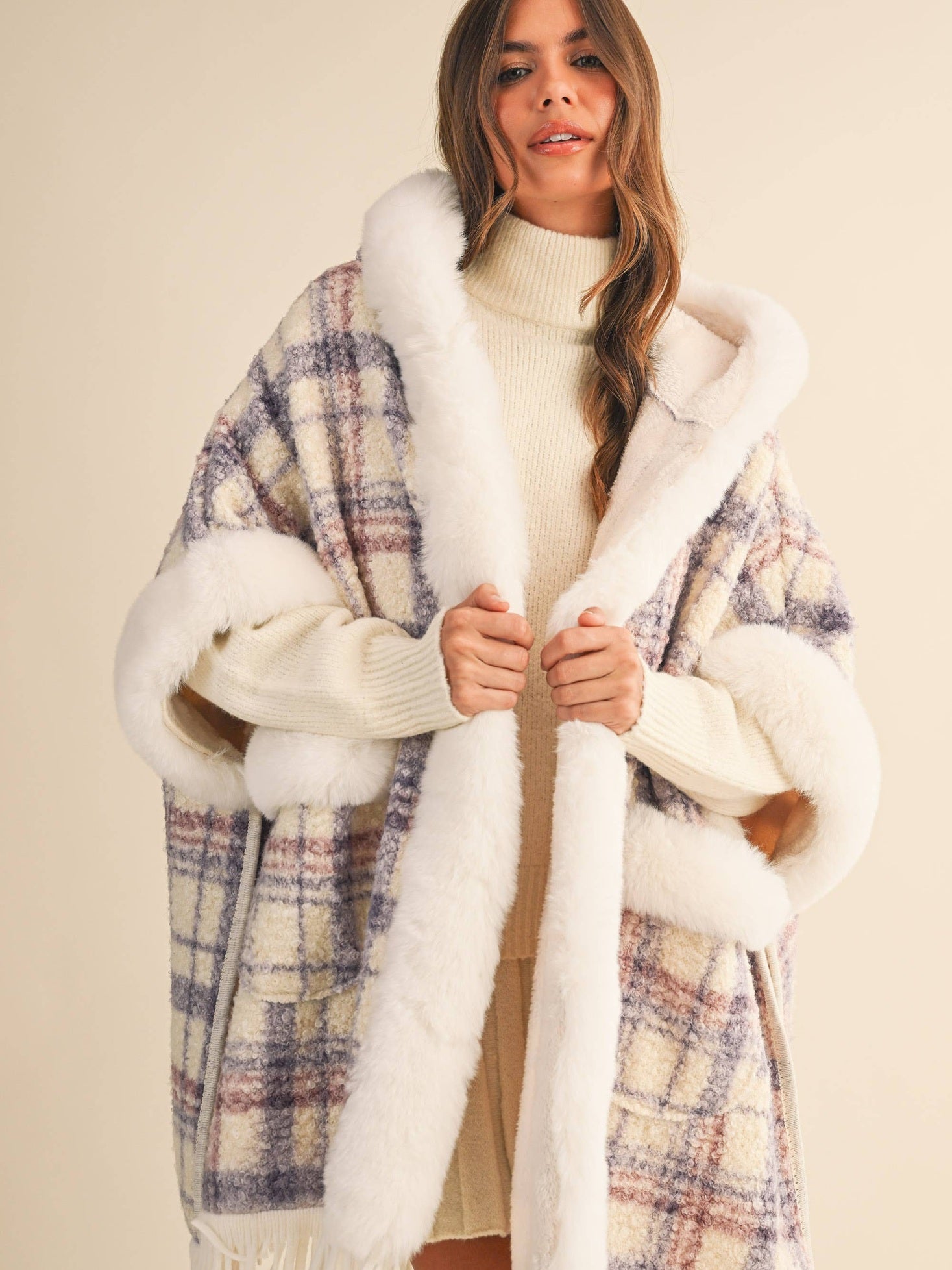 PLAID PRINTED FAUX FUR TRIM OVERSIZED CAPE COAT