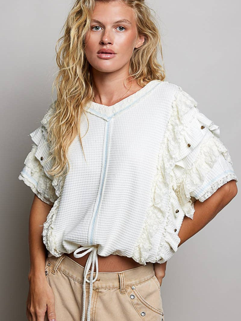 PRE ORDER SHIPS 05.03.26 Textured Knit Ruffle Sleeve Lace Stud Cropped Short Top