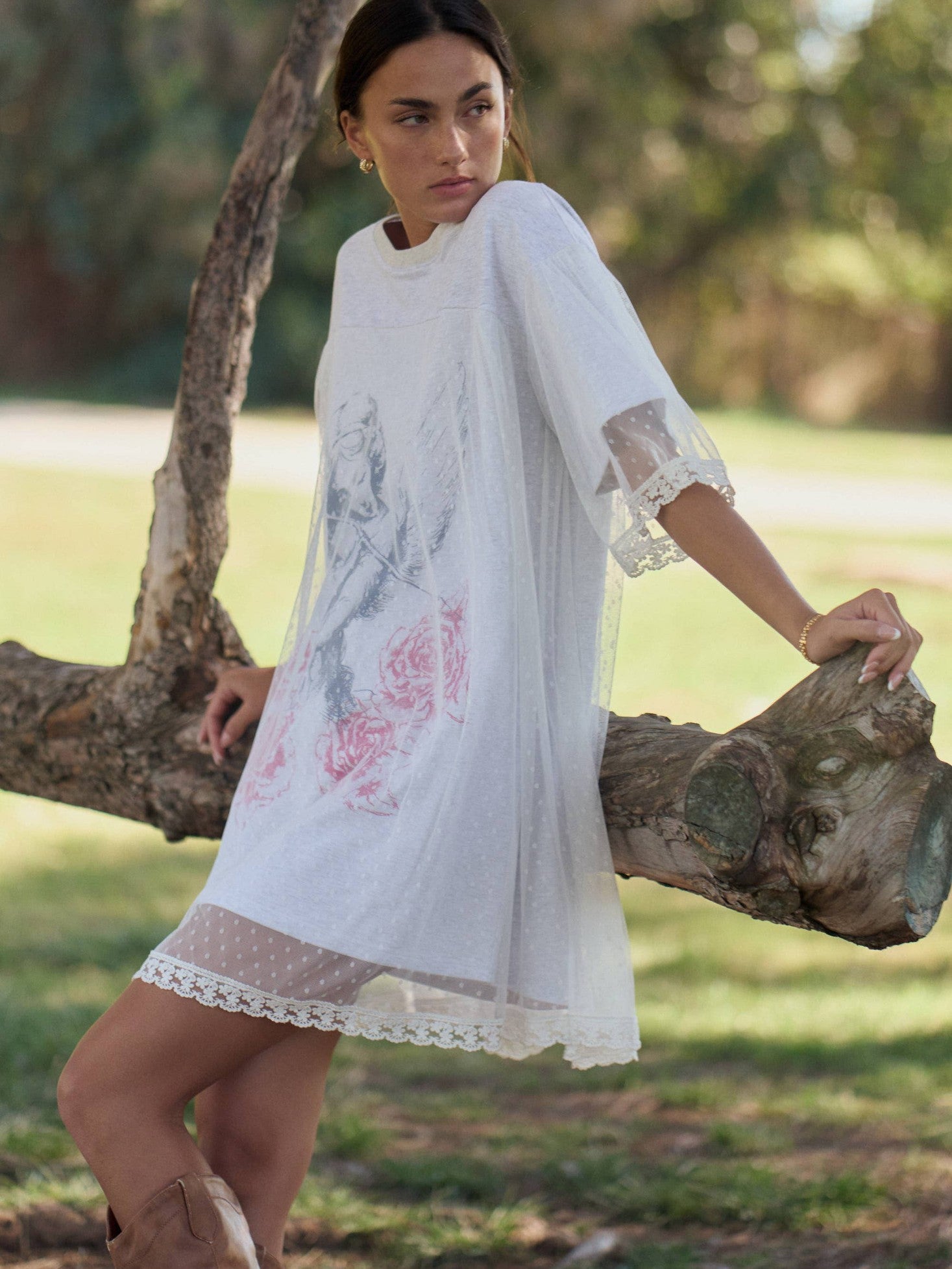 ANGEL PRINTED TERRY DOTTED MESH LAYERED DRESS