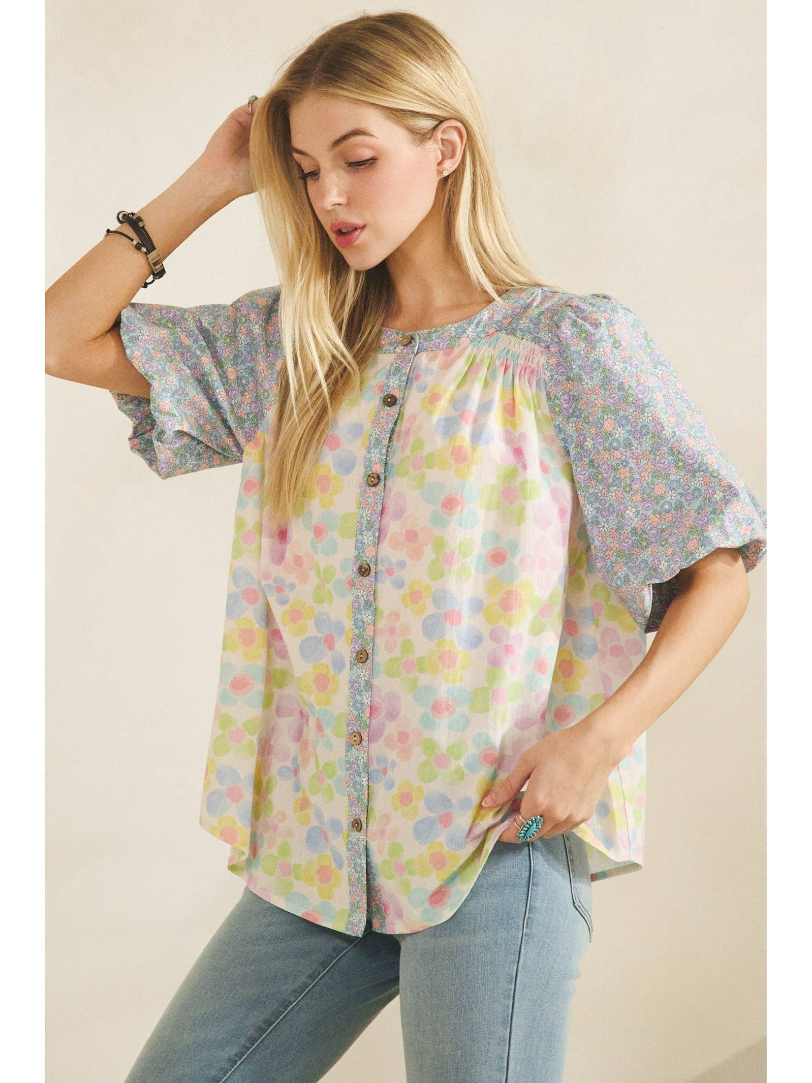 PASTEL BLOOM BUTTON BLOUSE