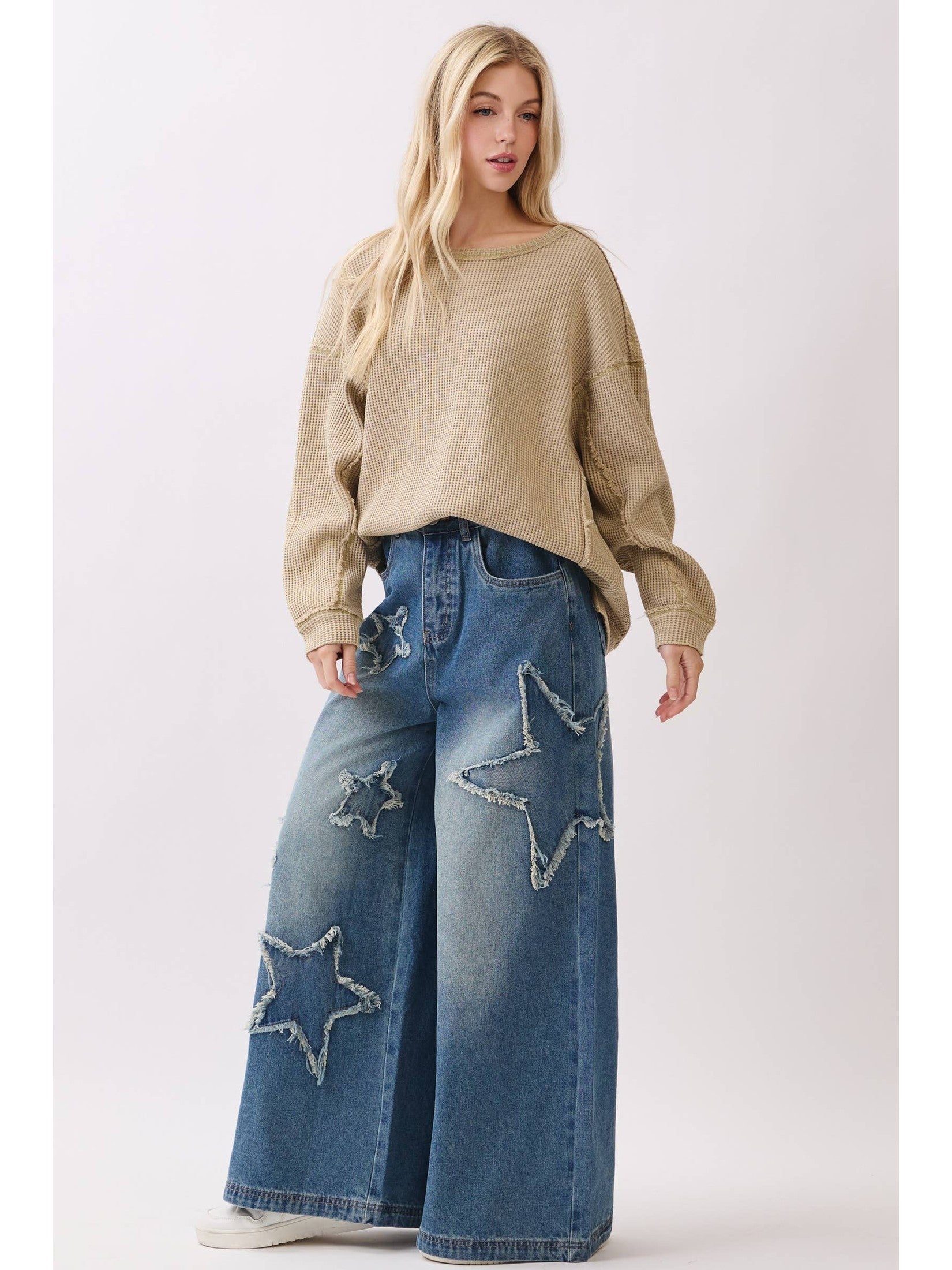 Star Patch Wide Leg Denim Jeans