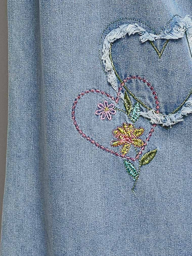 Waist Elastic Band Heart Floral Print Patch Wide Denim Pants