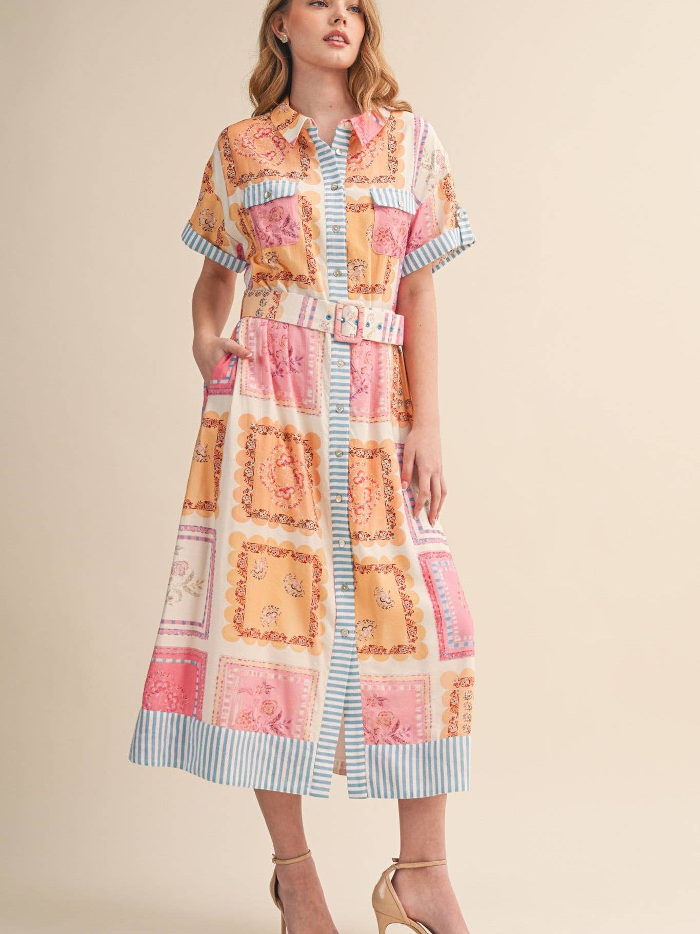 FLORAL PATCH PRINT BUTTON DOWN MIDI DRESS