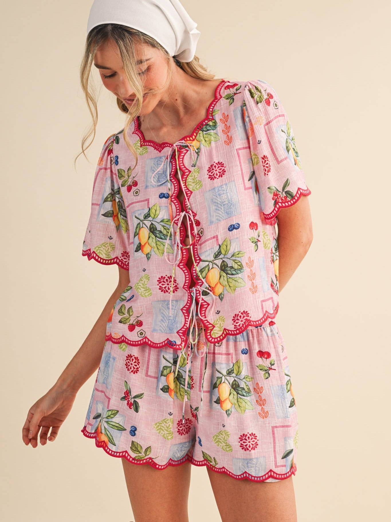 FRUIT PRINT EMBROIDERED SCALLOP TOP AND SHORTS SET