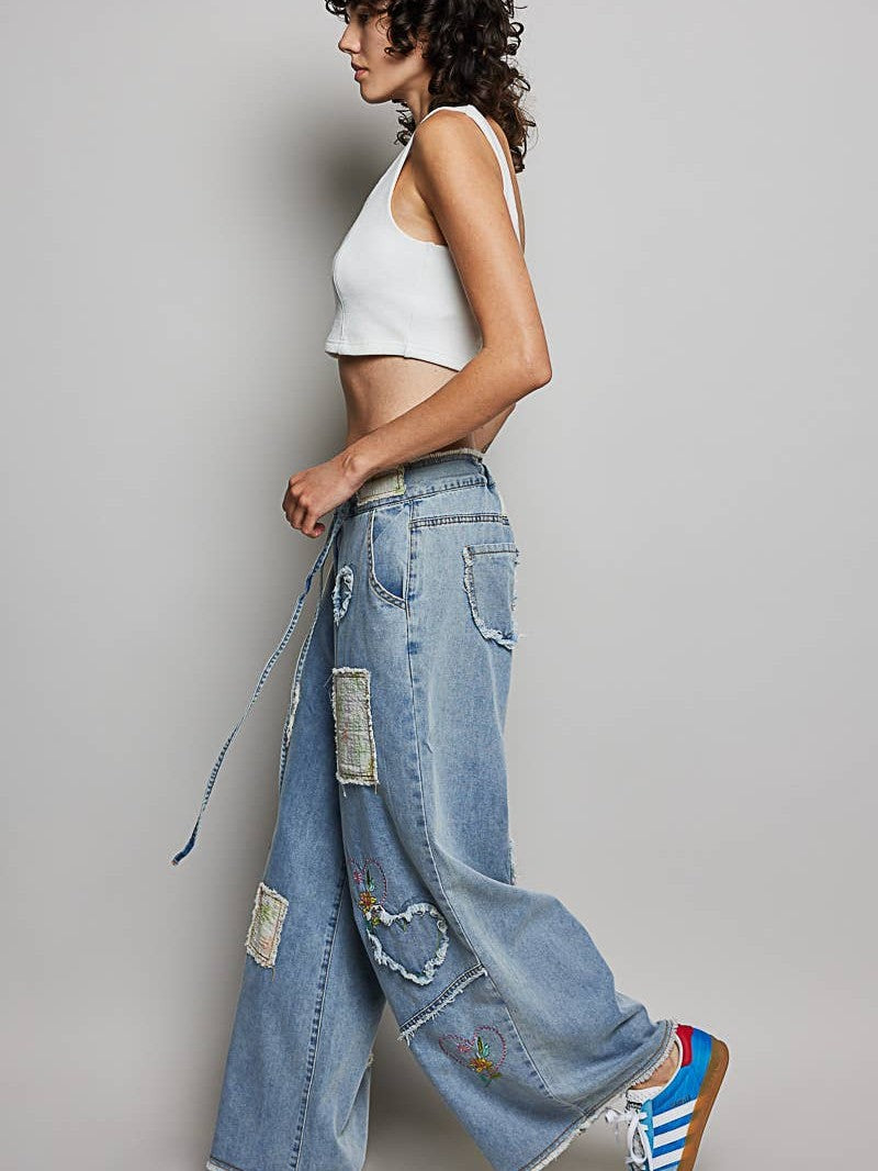 Waist Elastic Band Heart Floral Print Patch Wide Denim Pants