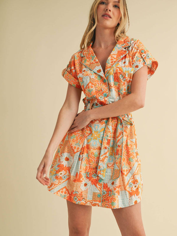 PRINT BUTTON DOWN SHORT SLEEVE MINI DRESS