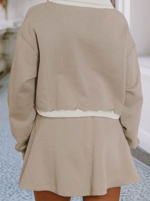 Raw edge patchwork cropped pullover drawstring skirt set