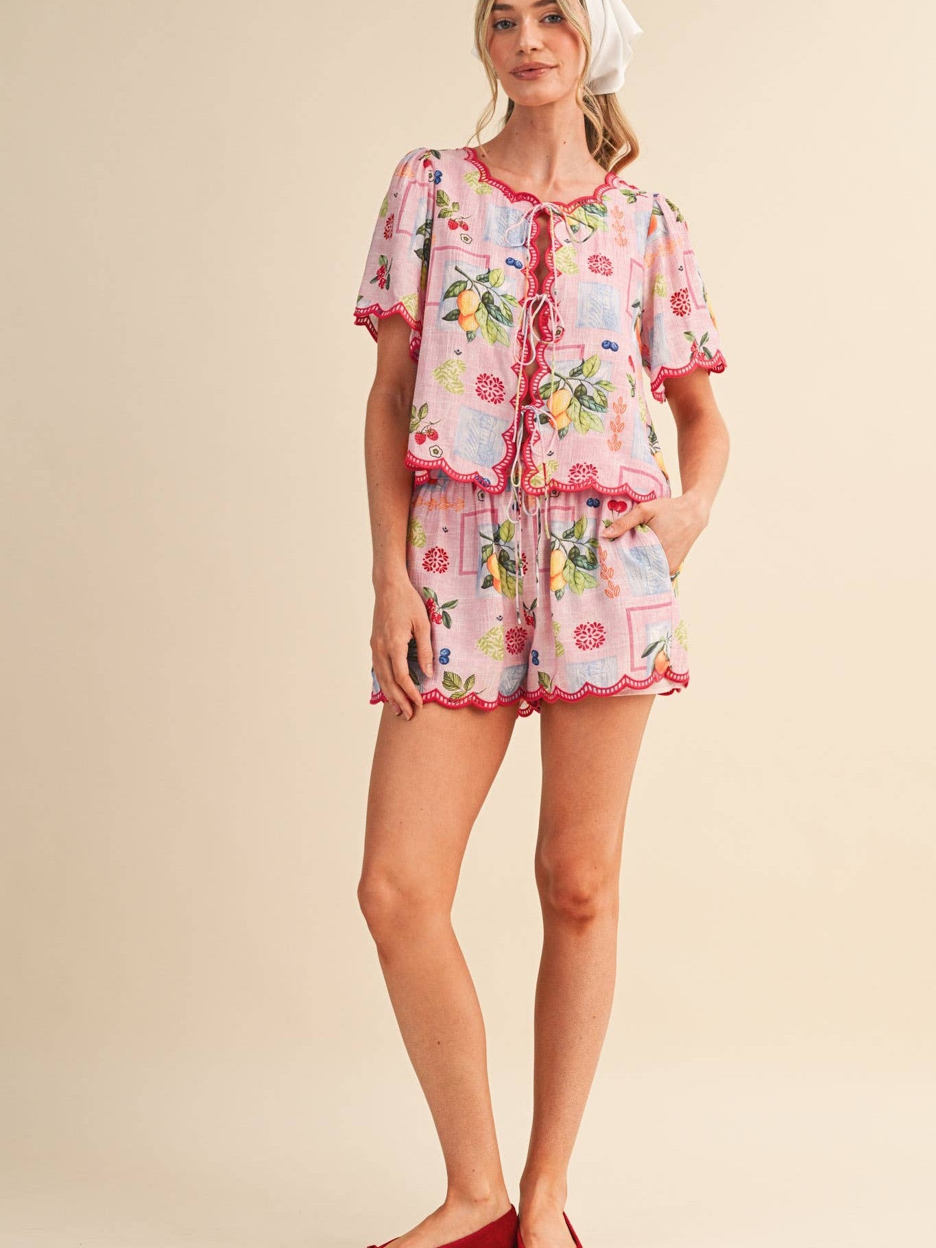 FRUIT PRINT EMBROIDERED SCALLOP TOP AND SHORTS SET