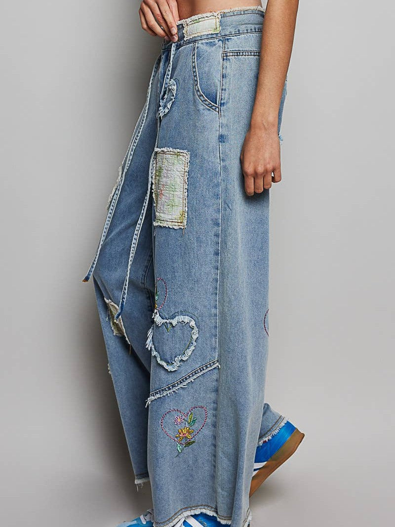 Waist Elastic Band Heart Floral Print Patch Wide Denim Pants