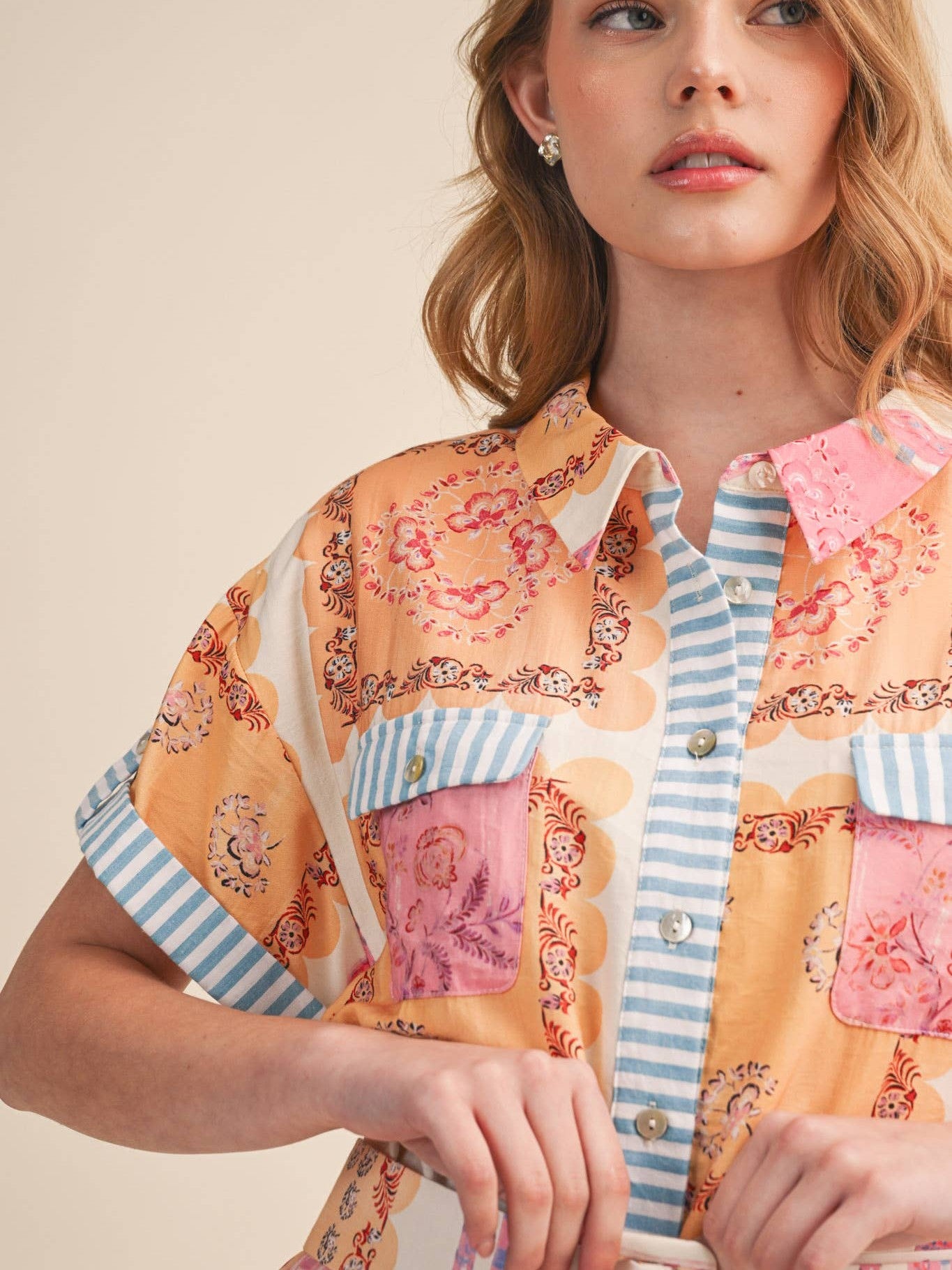 FLORAL PATCH PRINT BUTTON DOWN MIDI DRESS