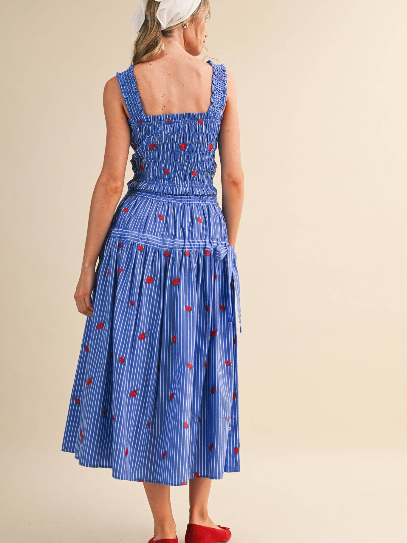 STRAWBERRY EMBROIDERY SMOCK TOP AND MIDI SKIRT SET