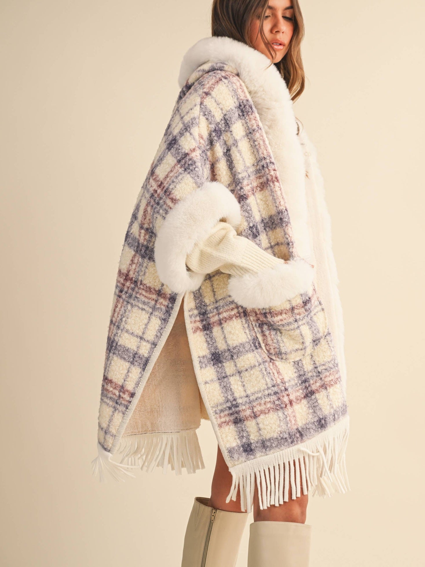 PLAID PRINTED FAUX FUR TRIM OVERSIZED CAPE COAT