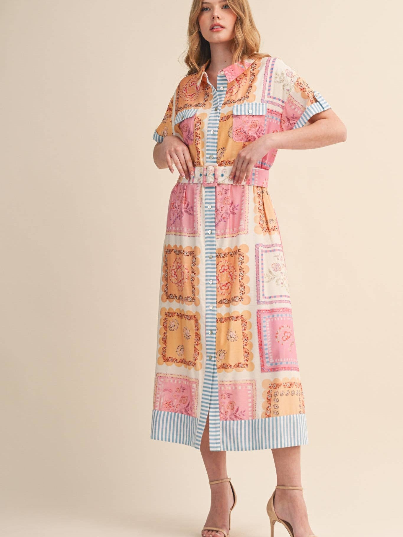 FLORAL PATCH PRINT BUTTON DOWN MIDI DRESS