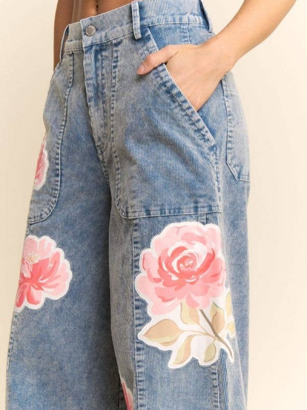 WASHED CORDUROY PRINTED VINTAGE FLOWER OPEN PANT