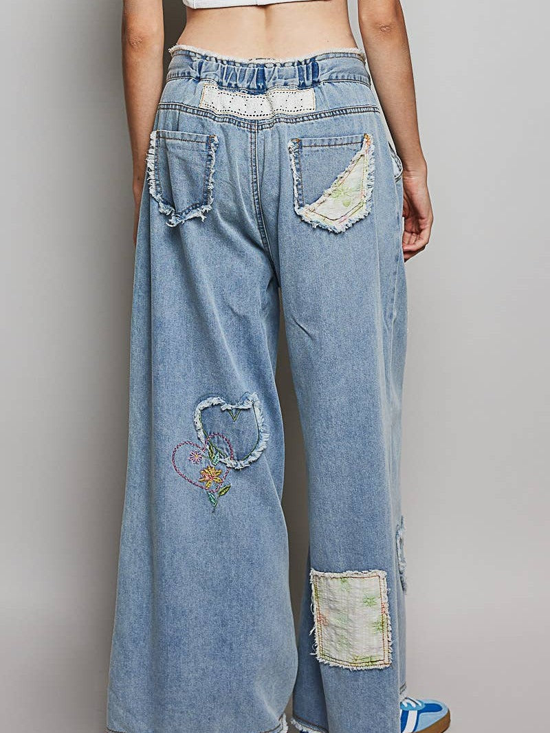 Waist Elastic Band Heart Floral Print Patch Wide Denim Pants