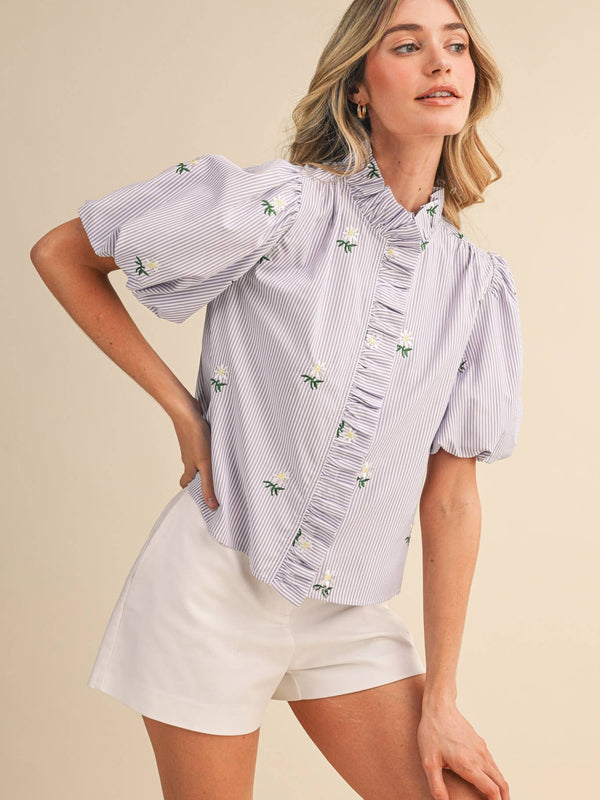 FLORAL EMBROIDERY STRIPED RUFFLED BUTTON DOWN TOP