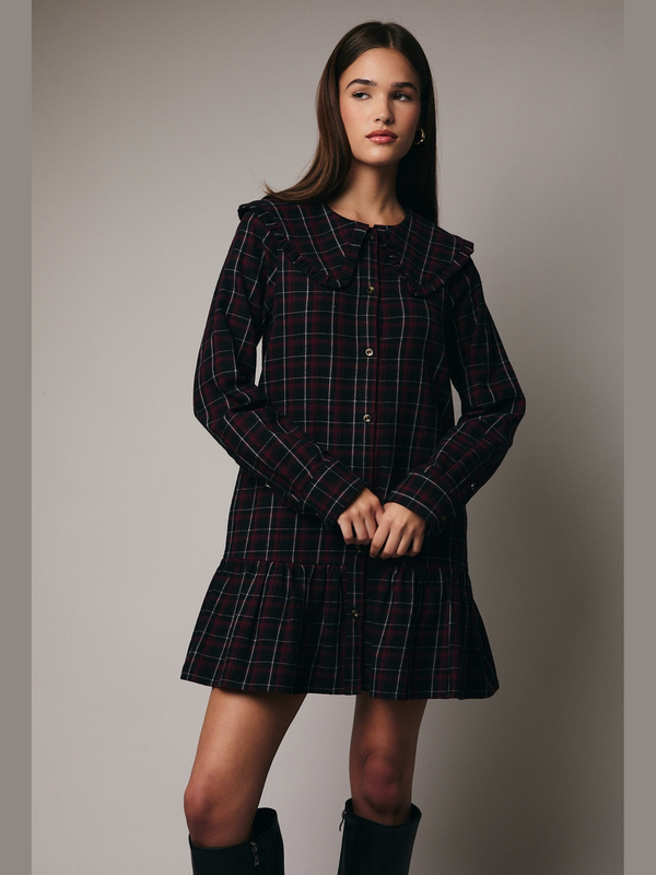 Christmas plaid short dress with long sleeves