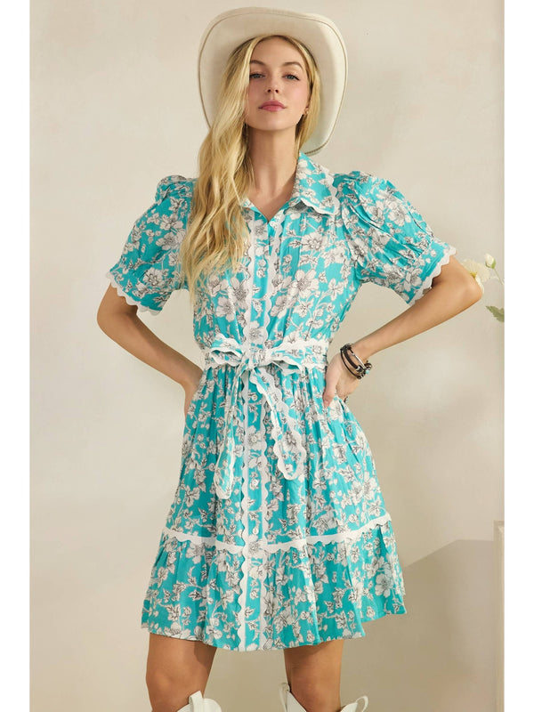 VINTAGE FLORAL SCALLOPED MINI DRESS