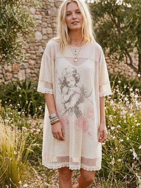 ANGEL PRINTED TERRY DOTTED MESH LAYERED DRESS