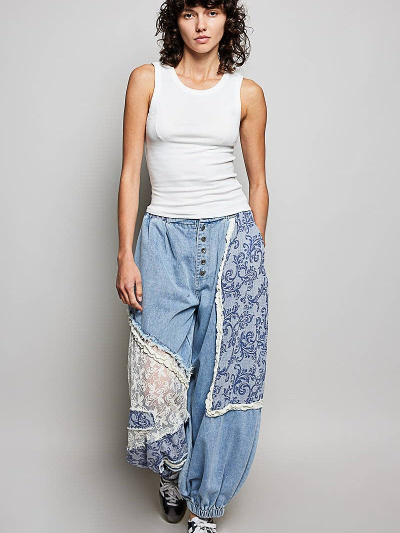 Button-Front Crochet Accent Ruffle Trim Jogger Pants