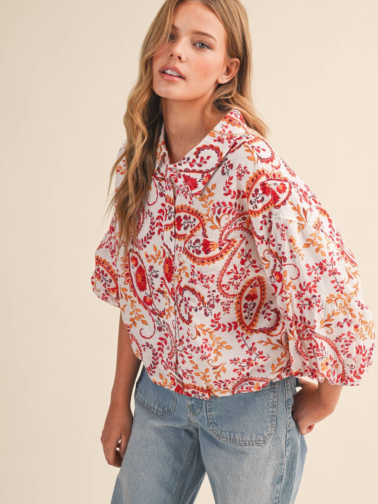 EXCLUSIVE PAISLEY PRINT BUTTON DOWN BUBBLE TOP