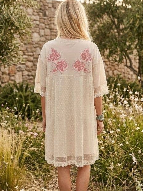 ANGEL PRINTED TERRY DOTTED MESH LAYERED DRESS
