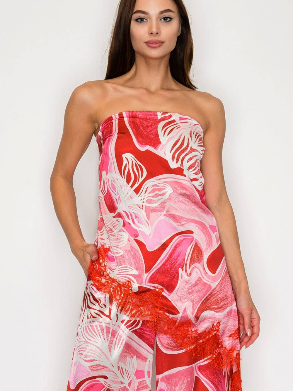 SET Strapless Printed Top with Lace & Wide-Leg Pants