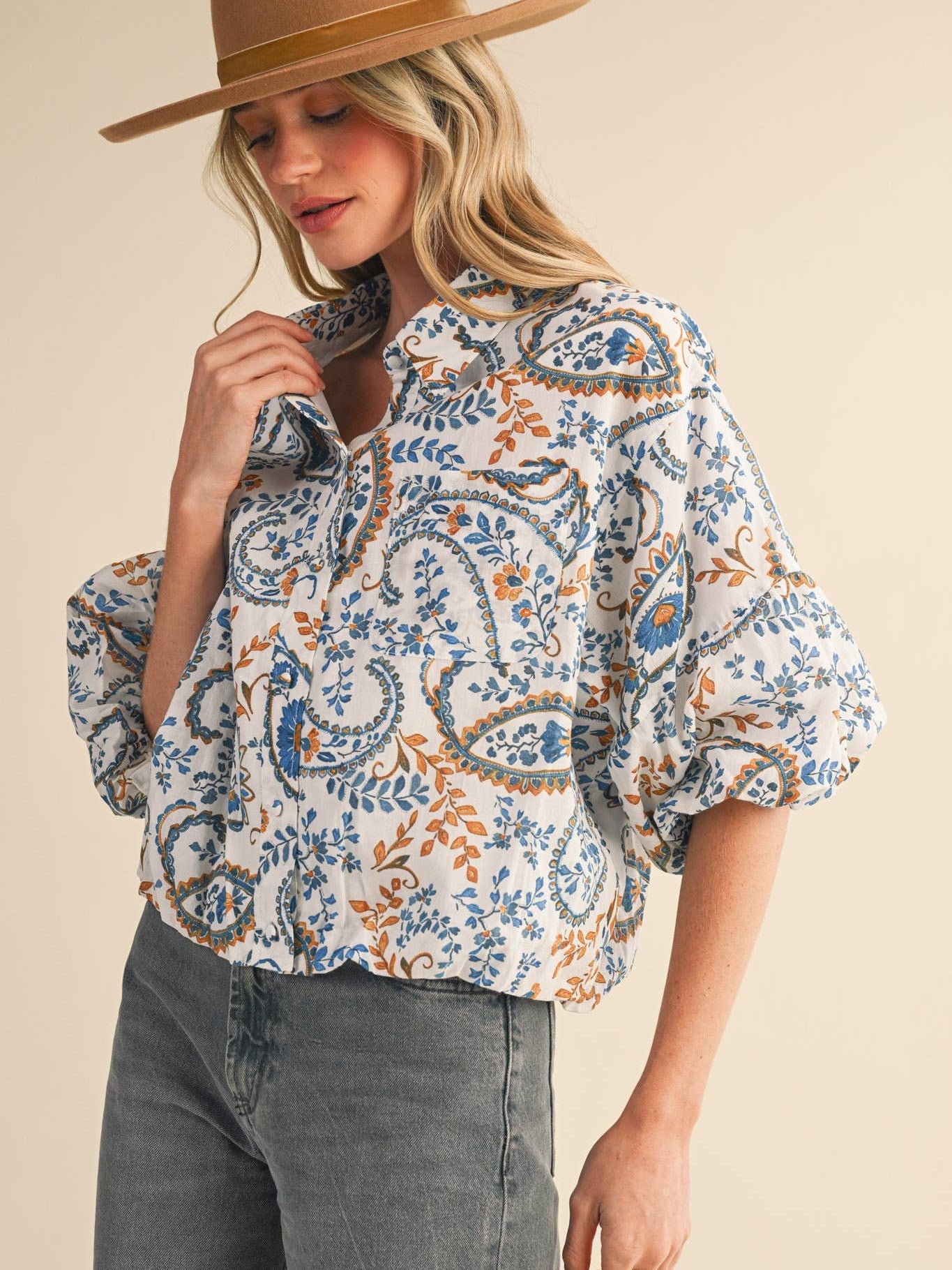 EXCLUSIVE PAISLEY PRINT BUTTON DOWN BUBBLE TOP