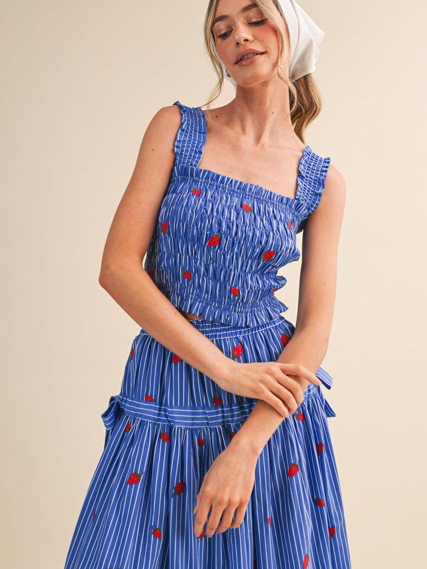 STRAWBERRY EMBROIDERY SMOCK TOP AND MIDI SKIRT SET