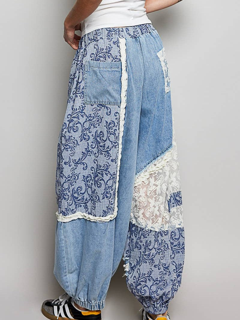 Button-Front Crochet Accent Ruffle Trim Jogger Pants