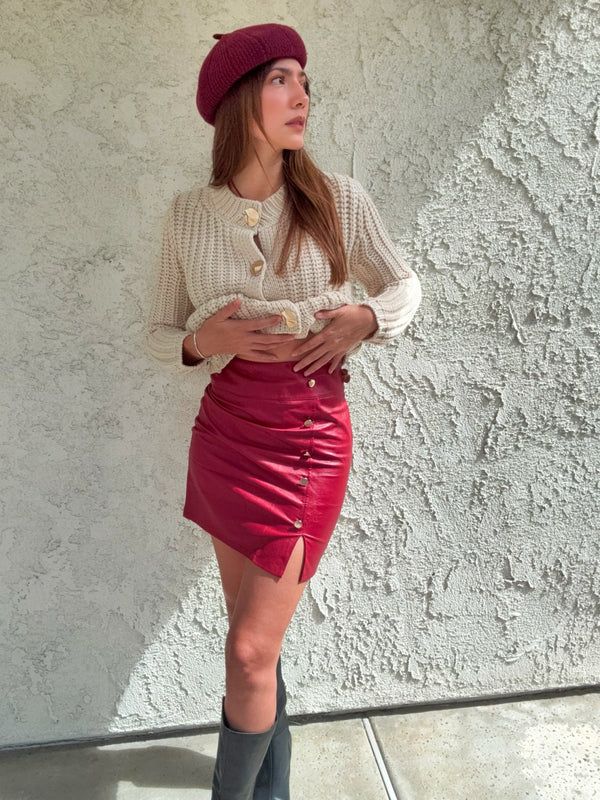 Red faux Leather skirt with silver buttons