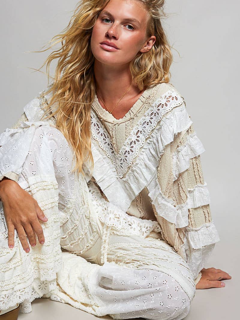 Eyelet Ruffle Raw Edge Trim Lace Solid Knit Top
