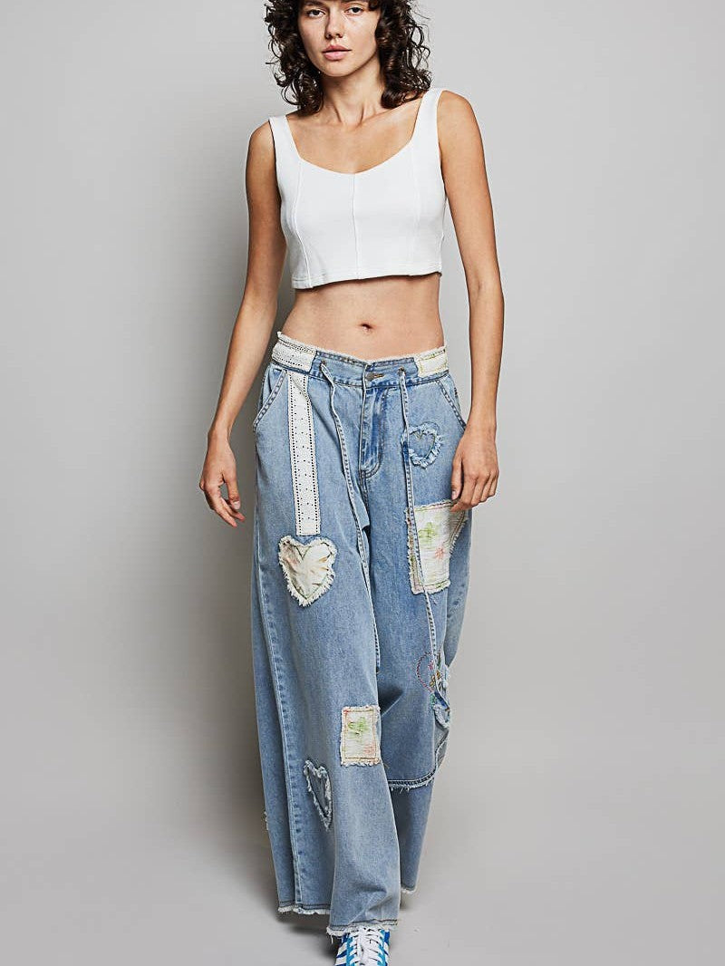 Waist Elastic Band Heart Floral Print Patch Wide Denim Pants