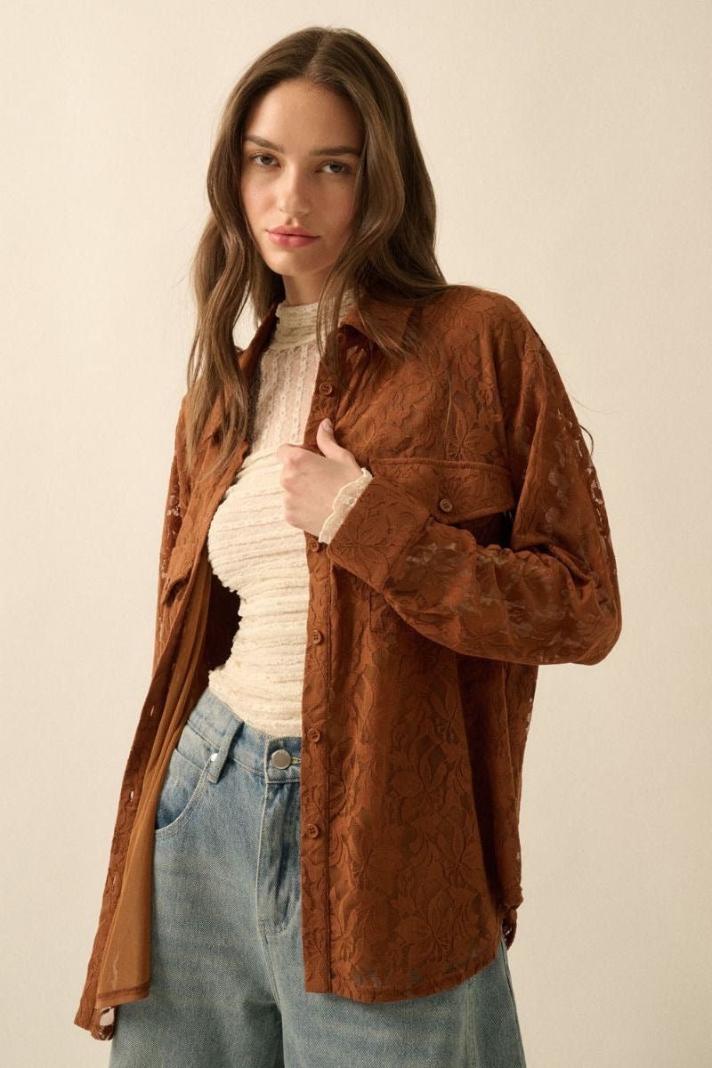 Brown lace loose blouse with pockets