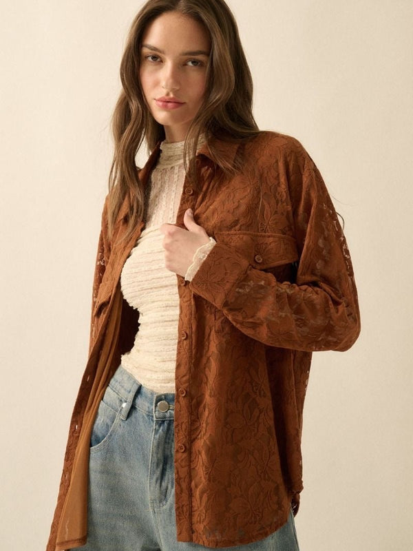 Brown lace loose blouse with pockets