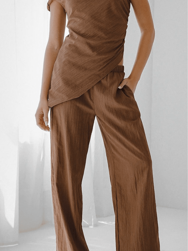 Asymmetrical neck one shoulder brown Set