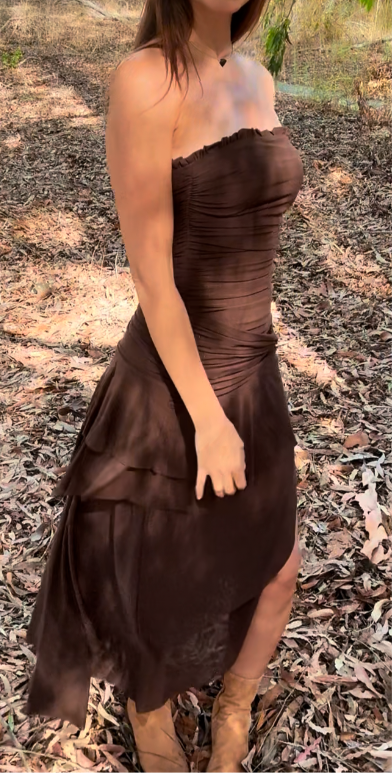 Knit mesh ruffle / Side knotted split chocolate dress