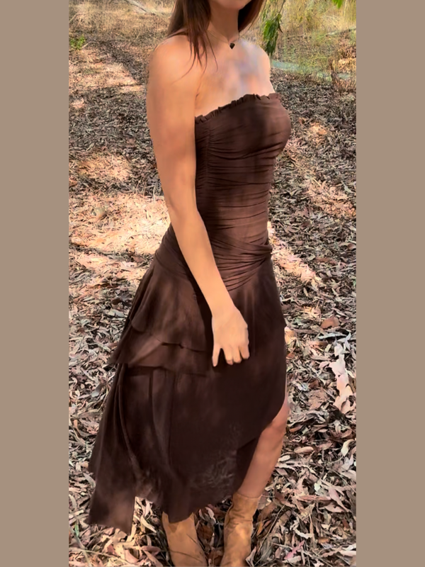 Knit mesh ruffle / Side knotted split chocolate dress