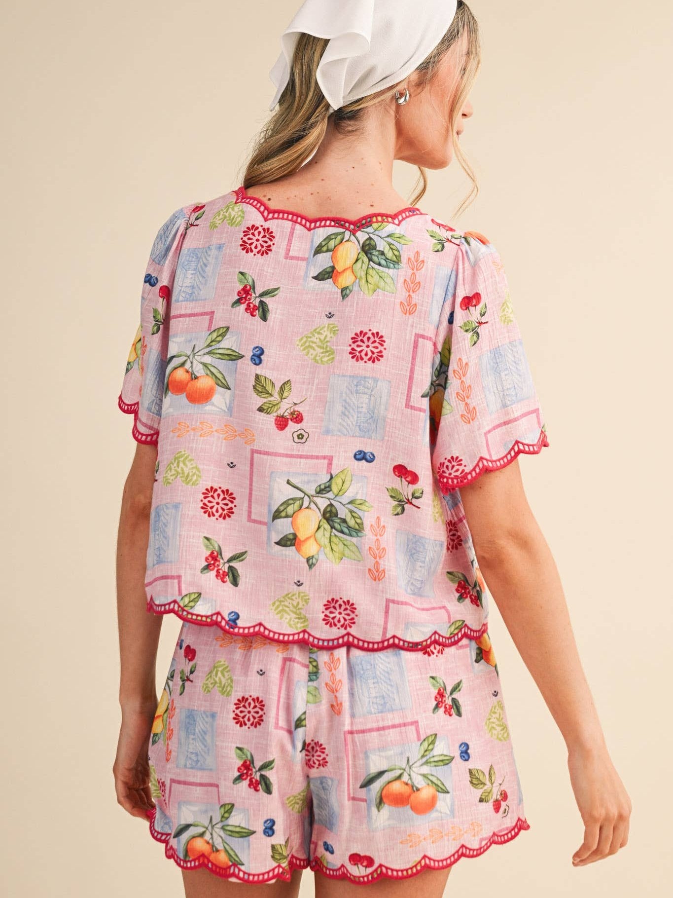 FRUIT PRINT EMBROIDERED SCALLOP TOP AND SHORTS SET