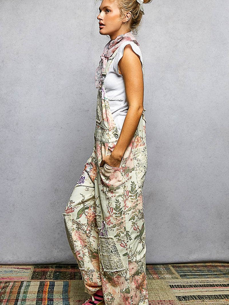 Printed Lace Patch Trim Strap Relaxed Fit Jogger Overall
