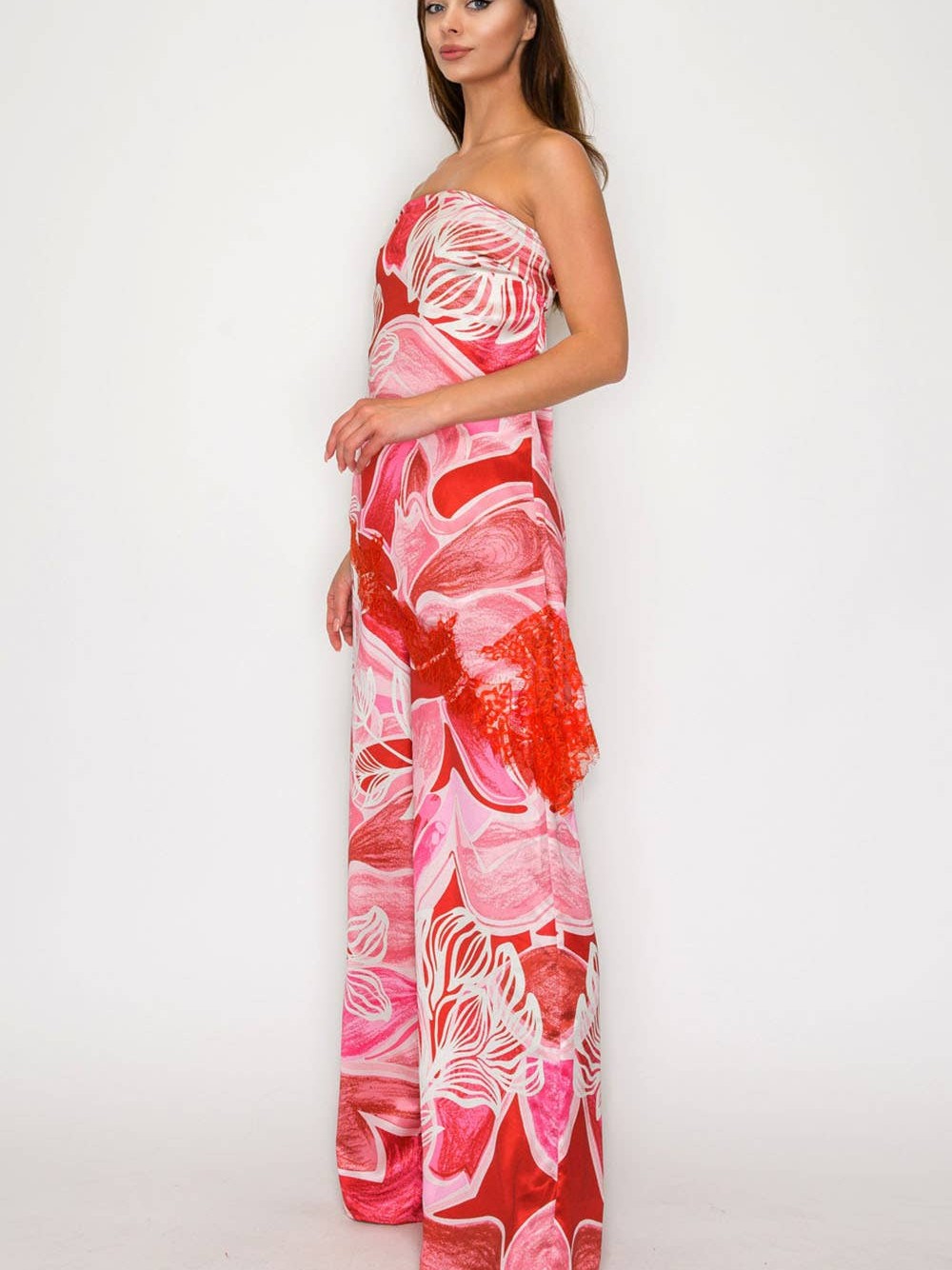 SET Strapless Printed Top with Lace & Wide-Leg Pants