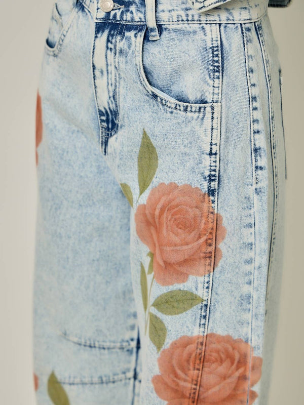 71150 Floral Printed Denim Barrel Jeans