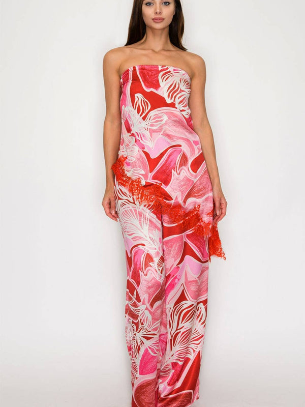 SET Strapless Printed Top with Lace & Wide-Leg Pants