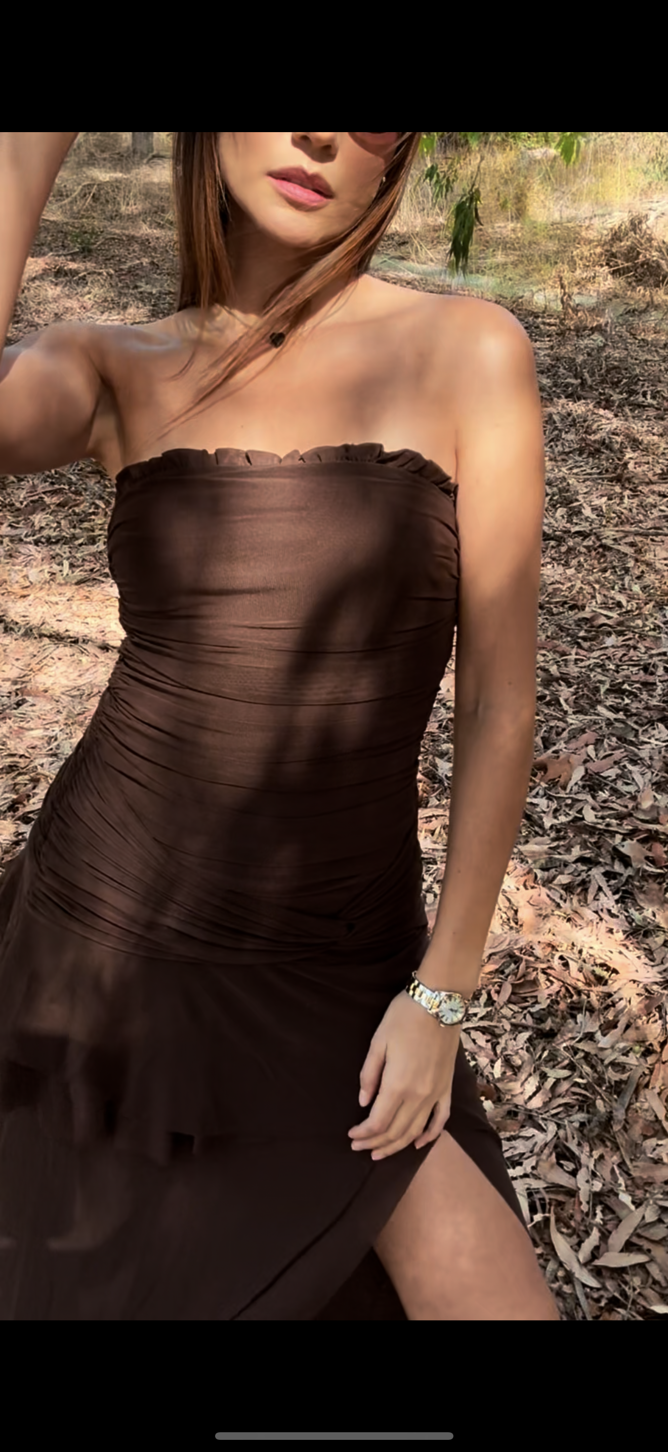 Knit mesh ruffle / Side knotted split chocolate dress
