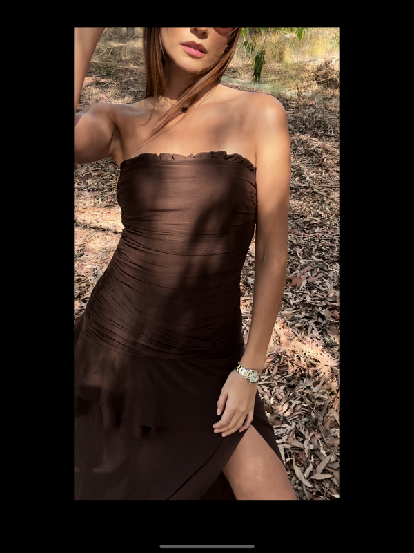 Knit mesh ruffle / Side knotted split chocolate dress