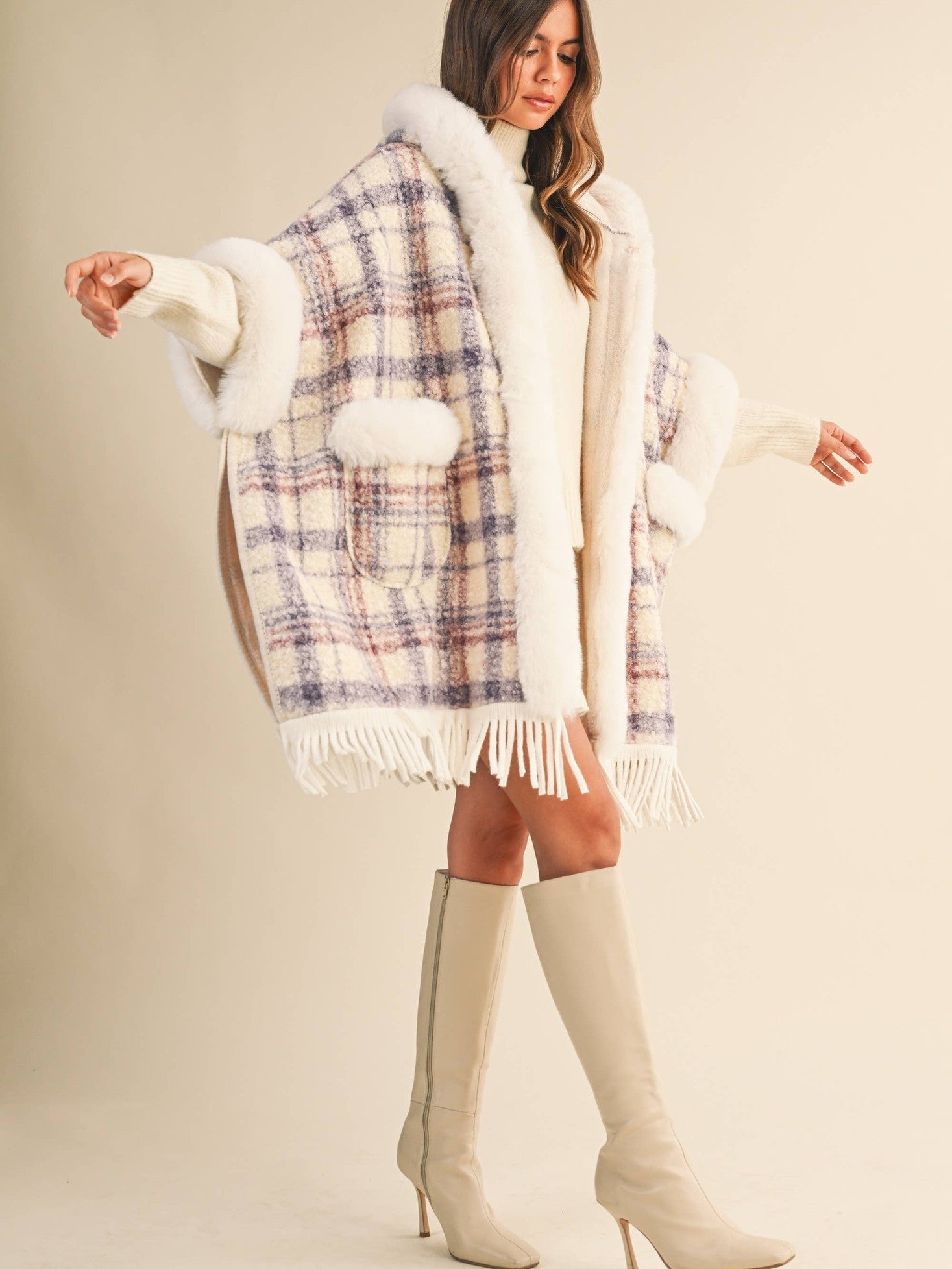 PLAID PRINTED FAUX FUR TRIM OVERSIZED CAPE COAT