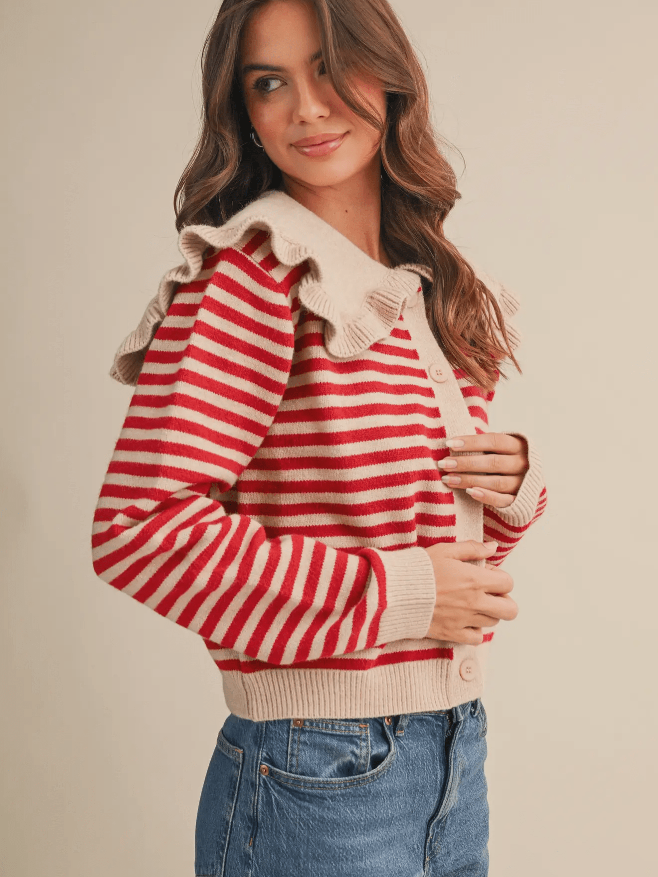 Striped Cardigan with ruffled collar