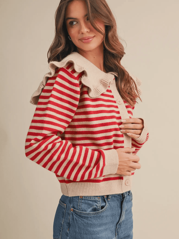 Striped Cardigan with ruffled collar